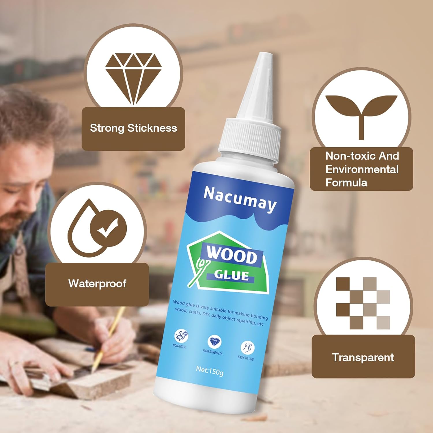 Wood Glue, Wood Glue for Furniture Heavy Duty - Strongest Wood Glue for Woodworking Waterproof Repair Glue Suitable for Furniture, Garden, Crafts, DIY, Metal to Wood,Wood to Wood (150g/5.1oz) - Image 2