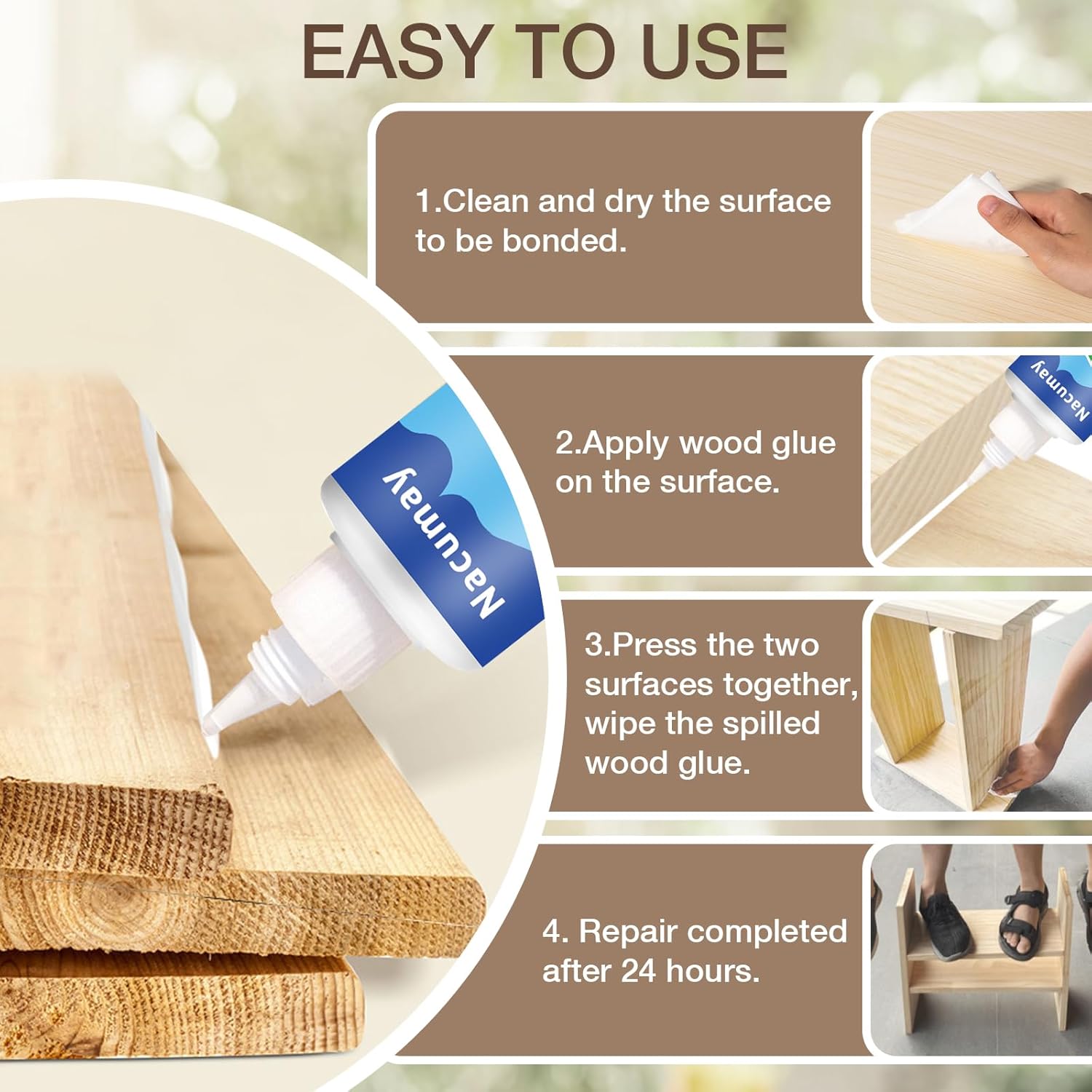 Wood Glue, Wood Glue for Furniture Heavy Duty - Strongest Wood Glue for Woodworking Waterproof Repair Glue Suitable for Furniture, Garden, Crafts, DIY, Metal to Wood,Wood to Wood (150g/5.1oz) - Image 4