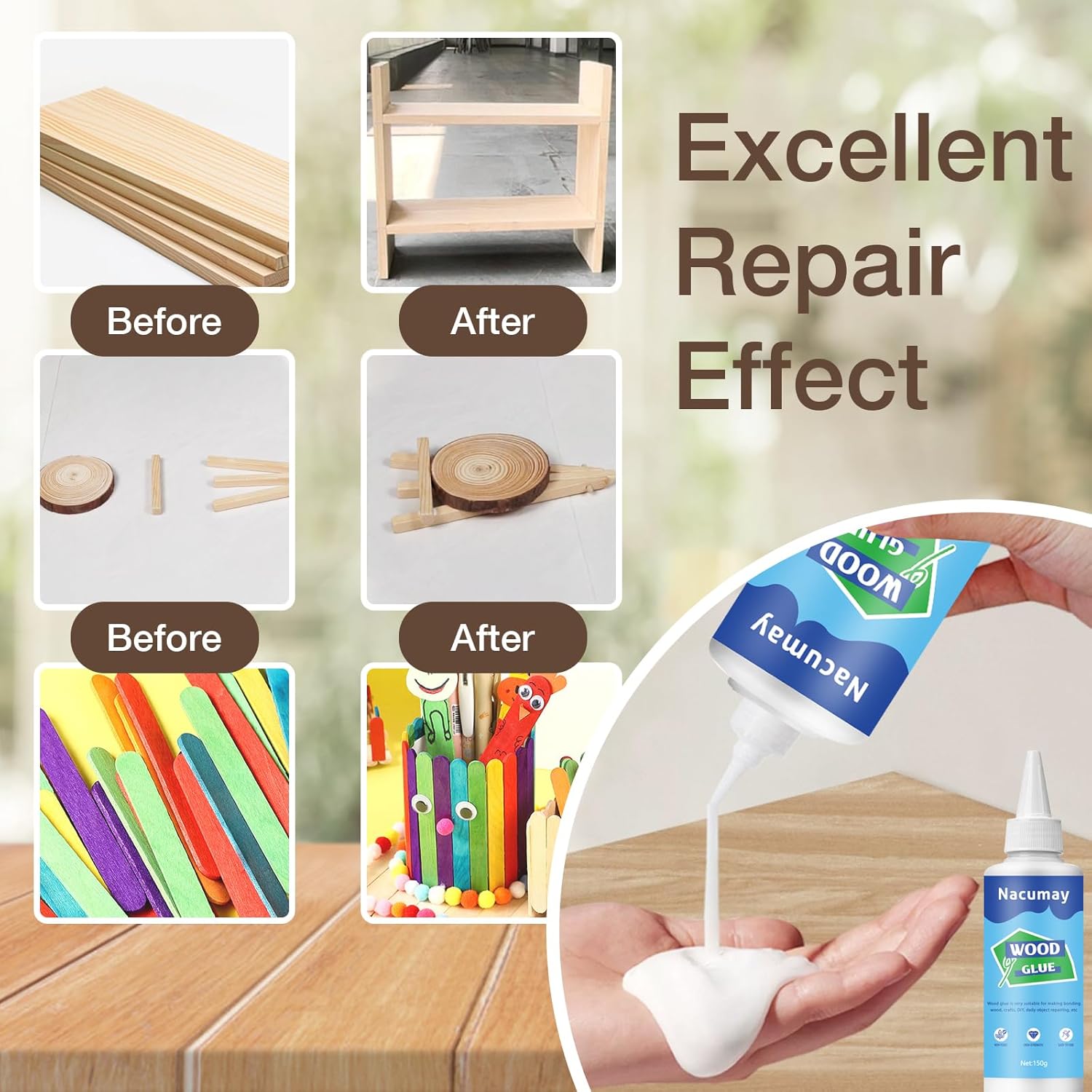 Wood Glue, Wood Glue for Furniture Heavy Duty - Strongest Wood Glue for Woodworking Waterproof Repair Glue Suitable for Furniture, Garden, Crafts, DIY, Metal to Wood,Wood to Wood (150g/5.1oz) - Image 5